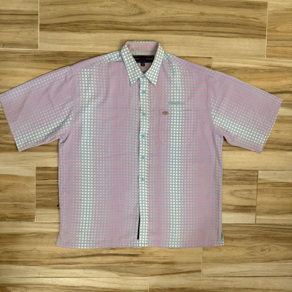 Vintage 90s Phat Farm Grid Print Short Sleeve Button Down Shirt Pink Mens XXL